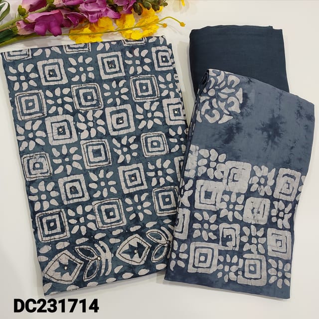 CODE DC232714 : Grey pure wax batik cotton unstitched salwar material,faux mirror work on front,matching drum dyed thin fabric provided for lining,NO BOTTOM,original batik dyed mul cotton dupatta. Misprints are not considered as defects.