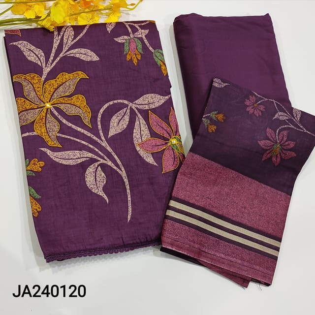 CODE JA240120 : Dark purple satin cotton unstitched salwar material,floral prints with thread and foil work on daman with lace(lining optional)matching spun cotton bottom,mul cotton printed dupatta.