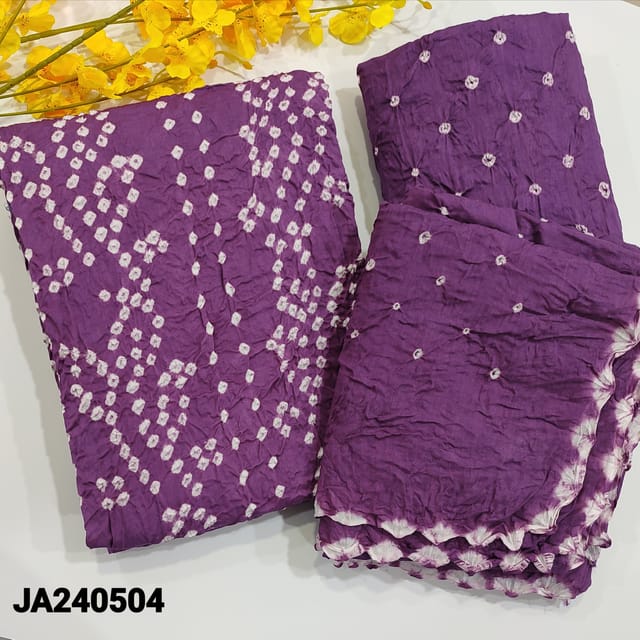 CODE JA240504 : Purple pure cotton unstitched salwar material, original bandhani work all over (lining needed)matching original bandhini pure cotton bottom,bandhani dupatta with cut work edges.