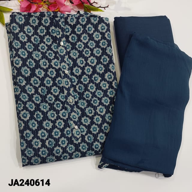 CODE JA240614 : Navy blue pure kantha cotton unstitched salwar material,printed all over with kantha work,simple yoke with fancy buttons(lining optional)navy blue cotton bottom,plain chiffon dupatta with printed tapings.