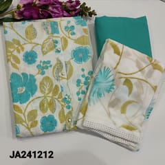 CODE JA241212: Off White base kantha cotton unstitched salwar material with beautiful blue and Green floral prints(lining needed)light turquoise green cotton bottom,premium chiffon dupatta with brush paint work and fancy lace tapings.