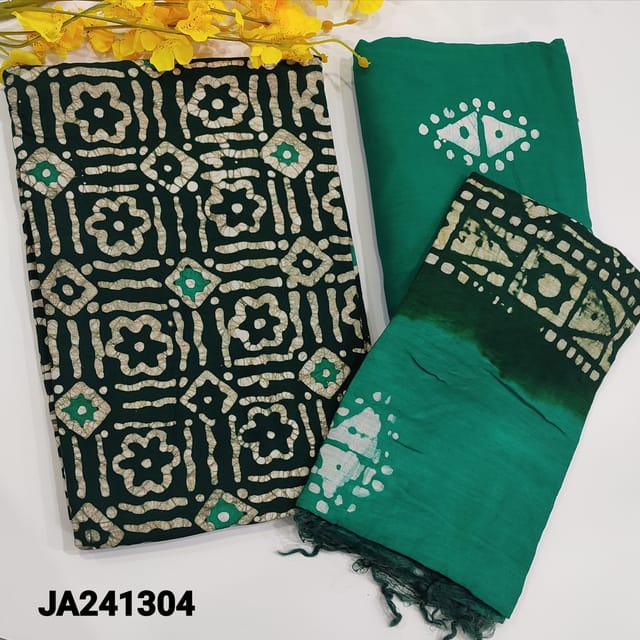 CODE JA241304 : Dark green original batik dyed modal unstitched salwar material(lining needed)turquoise green modal batik dyed bottom,soft silk cotton dual shaded dupatta with batik dye.TAPINGS REQUIRED. WAX STAINS ARE NOT CONSIDERED AS DEFECTS.