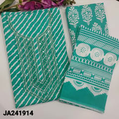 CODE JA241914 : Turquoise blue lehariya printed slub cotton unstitched salwar material,sequins work on yoke(lining optional)printed cotton bottom,printed mul cotton dupatta.
