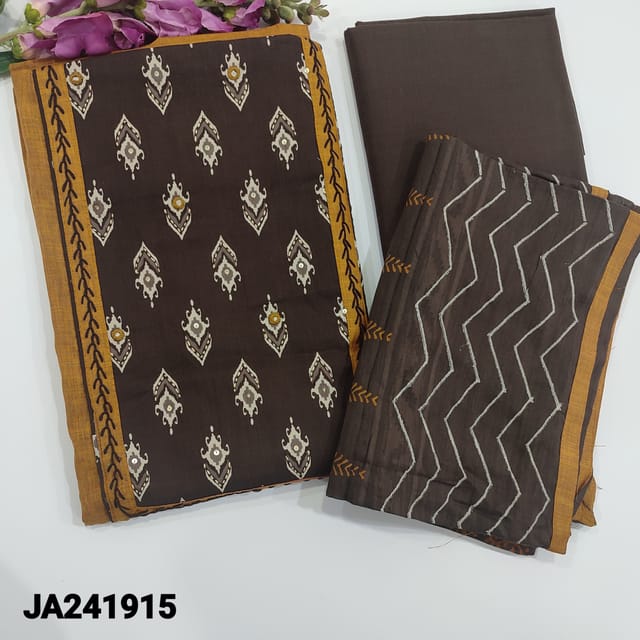 CODE JA241916 : Dark fenugreek yellow Liquid fabric unstitched salwar material,contrast printed yoke patch with real mirror and kantha stitch work(soft,lining needed) contrast dark brown cotton bottom,premium jackuard mul cotton block printed dupatta with tapings.
