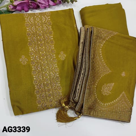 CODE AG3338 : Designer Mehandhi Yellow Pure Uppada Silk unstitched Salwar material(THIN, lining needed) Mukesh work(stone work) zari woven buttas on frontside, Matching Bottom, Pure Uppada silk dupatta with rich benarasi woven