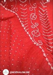CODE BAS3 : Red pure cotton  unstitched salwar material, original bandhani work all over (lining needed)matching original bandhini pure cotton bottom,bandhani dupatta with cut work edges.