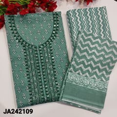 CODE JA242109 : Blueish Grey slub cotton unstitched salwar material,round neck,yoke with embroidery and sequins work(lining optional),printed all over,zig zag printed cotton bottom,printed mul cotton dupatta,tapings required.