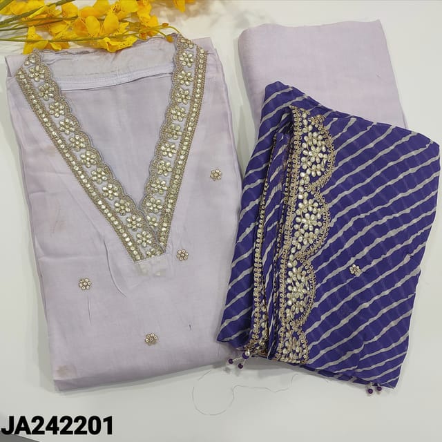 CODE JA242201 : Designer lavender pure dola silk unstitched salwar material, Collared V neck with zari,sequins and gota patch work,thread and zari work on front side(silky,soft,lining needed)gota patch and zari work on daman,matching santoon bottom, dark purple pure organza short width lehariya printed dupatta with rich zari and sequins work on borders and buttas all over.
