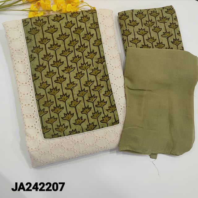 CODE JA242207 : Ivory heavy schiffli embroidered cotton unstitched salwar material with contrast cardamom green block printed yoke patch(lining needed)printed matching cotton bottom,plain chiffon dupatta.