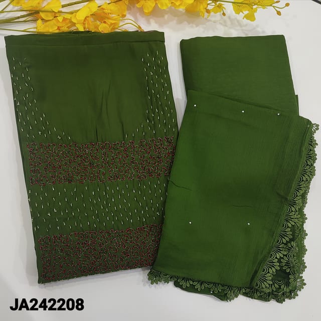 CODE JA242208 : Dark mossy green premium silk cotton unstitched salwar material,heavy cutbead and sugarbead work on yoke,(thin,silky,lining needed)matching spun cotton bottom,chinon dupatta with stone work and fancy tapings.