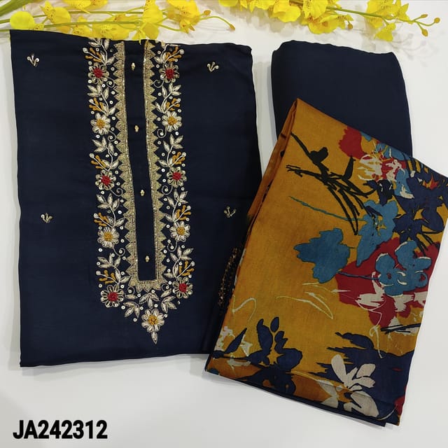 CODE JA242312 : Navy blue pure dola silk unstitched salwar material,fine work on yoke with embroidery,thread and zardozi,embroidery and sequins work on front side(soft,silky,lining needed)matching santoon bottom,modal masleen colorful printed dupatta.