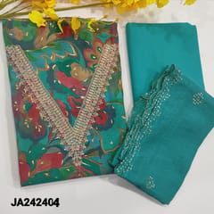 CODE JA242404 : Designer turquoise blue printed modal masleen unstitched salwar material,v neck with zari, thread and sequins work(lining optional)turquoise blue spun cotton bottom,soft silk cotton dupatta with sequins,thread work and cut work edges.