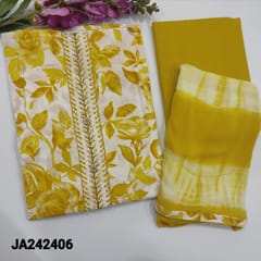 CODE JA242406 : Half White base cotton unstitched salwar material(lining needed),vibrant yellow leafy prints all over,cut bead and pearl bead,fancy buttons on yoke,matching cotton bottom,shibori dyed chiffon dupatta.