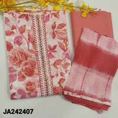 CODE JA242407 : Half White base cotton unstitched salwar material(lining needed),vibrant pink leafy prints all over,cut bead and pearl bead,fancy buttons on yoke,matching cotton bottom,shibori dyed chiffon dupatta.
