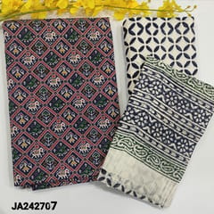 CODE JA242707 : Navy blue patola printed cotton unstitched salwar material(lining optional)block printed pure cotton bottom,block printed pure mul cotton dupatta,tapings required.