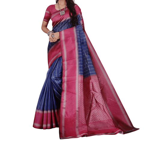 CODE WS1172 : Royal blue with pink silk cotton saree(lightweight)digital printed all over,double side gap borders,contrast printed pallu with tassels,contrast running blouse with gap borders.