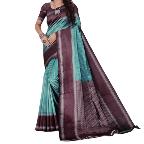 CODE WS1175 : Light blue with dark mauve silk cotton saree(lightweight)digital printed all over,double side gap borders,contrast printed pallu with tassels,contrast running blouse with gap borders.