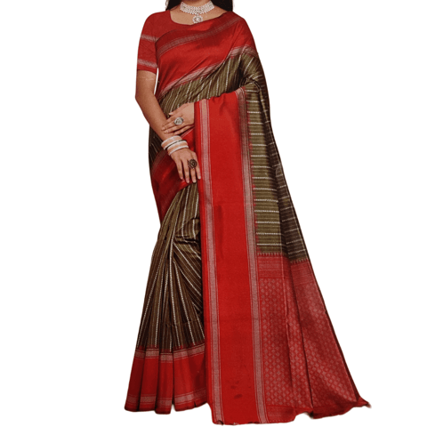 CODE WS1176 : Brown with dark orange silk cotton saree(lightweight)digital printed all over,double side gap borders,contrast printed pallu with tassels,contrast running blouse with gap borders.