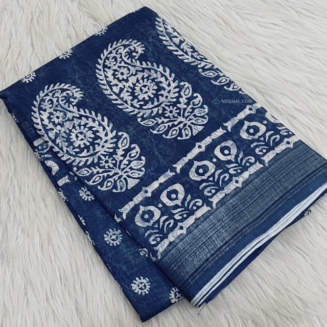 CODE WS1184 : Indigo blue fancy linen saree with beautiful digital prints all over,silver tissue borders,printed pallu with tassels,printed running blouse with soft silver tissue borders.
