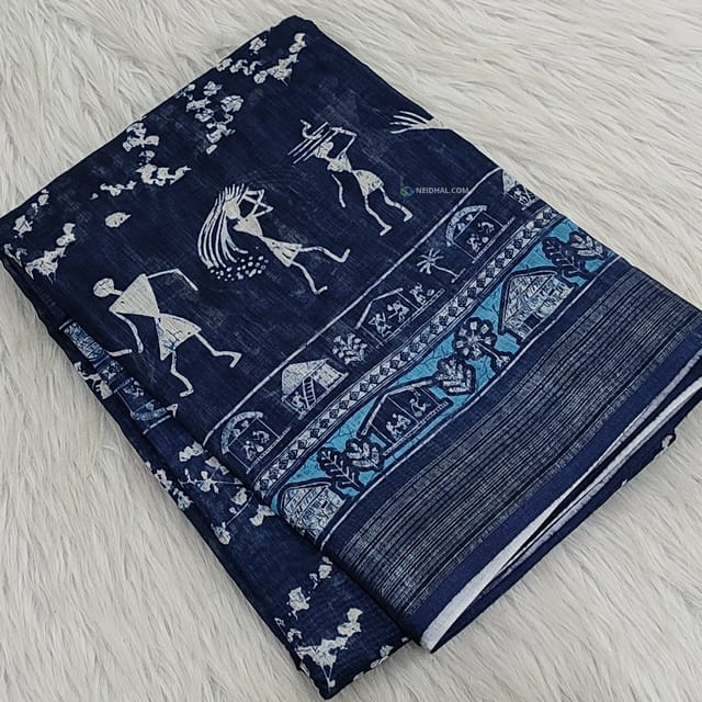 CODE WS1185 : Indigo blue fancy linen saree with beautiful digital prints all over,silver tissue borders,printed pallu with tassels,printed running blouse with soft silver tissue borders.