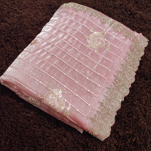 CODE WS1189 : Designer pastel pink jimmy choo saree(thin,shiny)heavy thread and sequins work all over saree,borders and pallu with stone and work,running blouse with stone work provided for sleeve detailing.DRY CLEAN RECOMMENED.