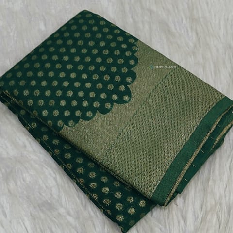 CODE WS1194 : Bottle green banarasi viscous georgette saree with antique gold zari woven buttas all over,zari woven pallu and rich zari woven pallu(lightweight)contrast rani pink blouse with zari woven buttas with borders