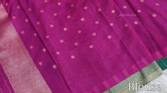 CODE WS1194 : Bottle green banarasi viscous georgette saree with antique gold zari woven buttas all over,zari woven pallu and rich zari woven pallu(lightweight)contrast rani pink blouse with zari woven buttas with borders