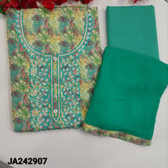 CODE JA242907 : Turquoise green base cotton unstitched salwar material(lining optional)colorful floral prints all over,yoke with embroidery and sequins,round neck,light tuquoise green cotton bottom,plain chiffon dupatta with printed tapings.