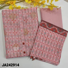 CODE JA242914 : Pastel pink lightweight silk cotton digital printed unstitched salwar material,simple yoke with fancy buttons,self woven design and zari buttas and sequins work on front side(thin,lining needed)matching silky bottom,digital printed silk cotton dupatta.