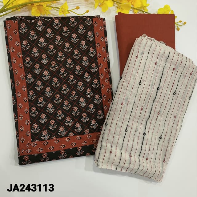 CODE JA243113 : Black and maroon block printed pure soft cotton unstitched salwar materail,contrast yoke patch with thread work,maroon thin cotton bottom,cotton block printed dupatta with thread and foil work.