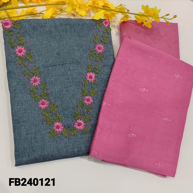 CODE FB240121 : Greyish blue jacquard silk cotton self woven unstitched  salwar material,embroidery work on v neck(textured,coarse,lining needed)pink silky fabric for bottom,soft silk cotton dupatta with embroidery and sequins.