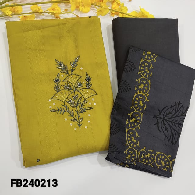 CODE JA240213 : Mehandi yellow jacquard silk cotton self woven unstitched salwar material,embroidery and bead on yoke,dark grey cotton bottom,block printed silk cotton dupatta(TAPINGS REQUIRED)