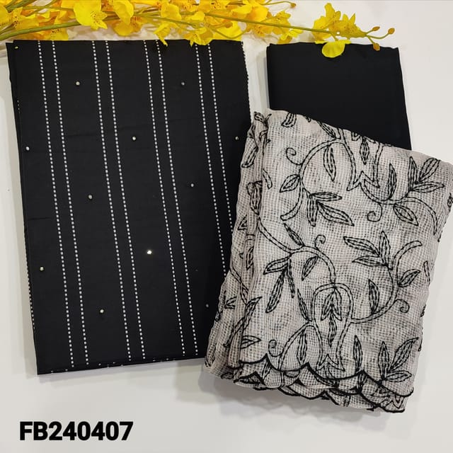 CODE FB240407 : Black spun cotton unstitched salwar material,kantha stitches and faux mirror on front(lining optional)matching spun cotton bottom,kota silk cotton dupatta with rich embroidery and cut work detailing.