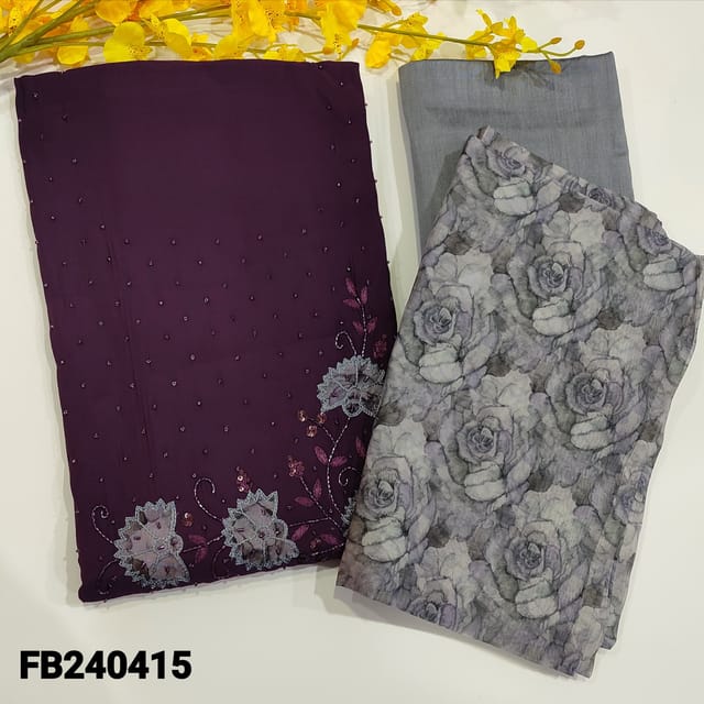 CODE FB240415 : Beetroot purple premium silk cotton unstitched salwar material,bead & applique work on yoke(lining needed)grey silk cotton bottom,floral printed fancy organza dupatta.
