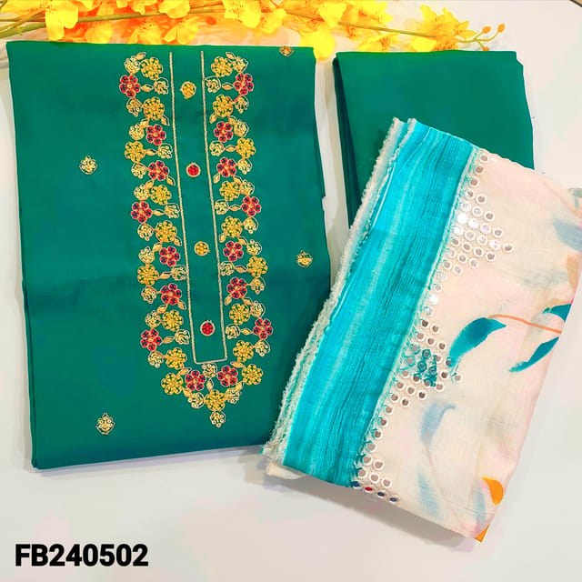 CODE FB240502 : Turquoise blue soft silk cotton unstitched salwar material,thread and zari workon yoke and on front,matching bottom,brush painted silk cotton dupatta with foil work(TAPINGS REQUIRED)