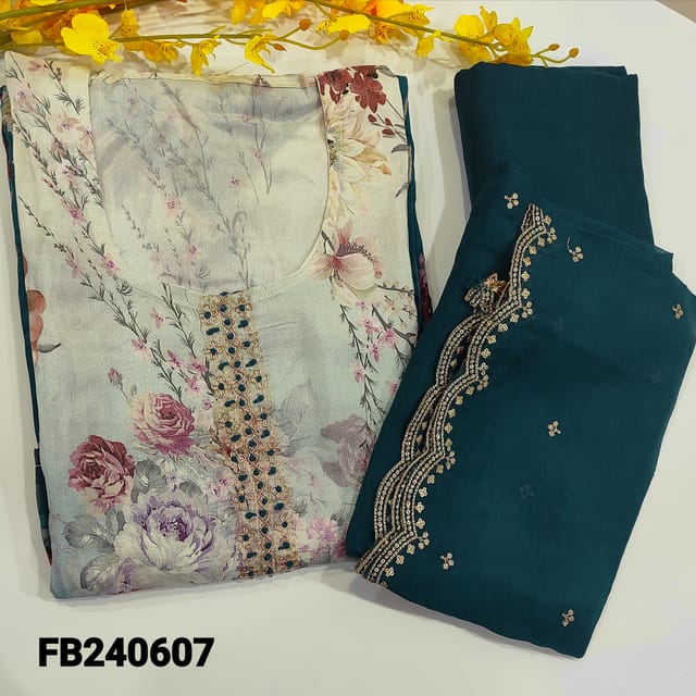 CODE FB240607 :Dark teal blue base Pure modal silk semi-stitched dual shaded salwar material(thin,lining needed) zari woven design and prints all over(fits upto XL  size,3/4th sleeves)santoon bottom,organza short width dupatta with zari,sequins&cutwork