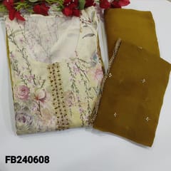 CODE FB240608 :Mehandi yellow base Pure modal silk semi-stitched dual shaded salwar material(thin,lining needed) zari woven design and prints all over(fits upto XL  size,3/4th sleeves)santoon bottom,organza short width dupatta with zari,sequins&cutwork