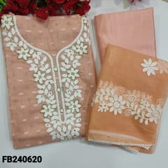 CODE FB240620 : Pastel peach silk cotton unstitched salwar material,thread and zari buttas all over,yoke with embroidery&bead work,(lining needed)matching silky fabric for bottom&lining,fancy organza dupatta with embroidery all over.