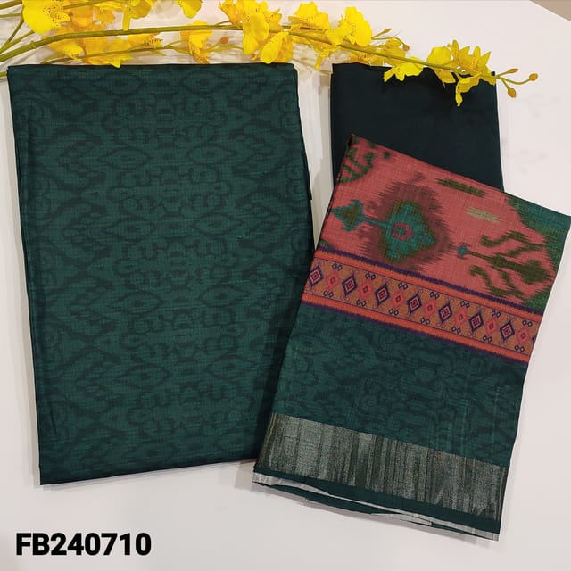 CODE FB240710 : Dark teal blue semi gicha textured unstitched salwar material,self woven design(shiny,lining needed)matching silky fabric for bottom,colorful printed semi gicha dupatta with tissue borders.