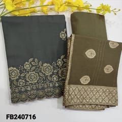 CODE FB240716 : Grey soft silk cotton unstitched salwar material,embroidery&sequins work on daman,embroidery on front(lining needed)drum dyed light olive green cotton bottom,silk cotton banarasi woven dupatta with borders and sequins work.