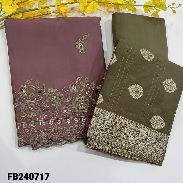 CODE FB240717 : Onion pink soft silk cotton unstitched salwar material,embroidery&sequins work on daman,embroidery on front(lining needed)drum dyed light olive green cotton bottom,silk cotton banarasi woven dupatta with borders and sequins work.