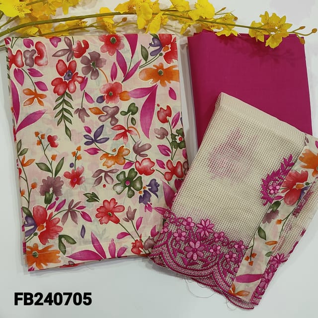 CODE FB240705 : Half white base soft cotton unstitched salwar material,pink floral prints all over(lining optional)pink cotton bottom,fancy kota silk cotton dupatta with embroidery and cut work and borders.