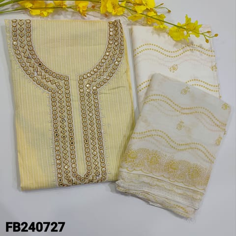 CODE FB240727 : Pastel yellow printed cotton unstitched salwar material, heavy foil work on yoke(lining needed)printed cotton bottom,printed mul cotton dupatta