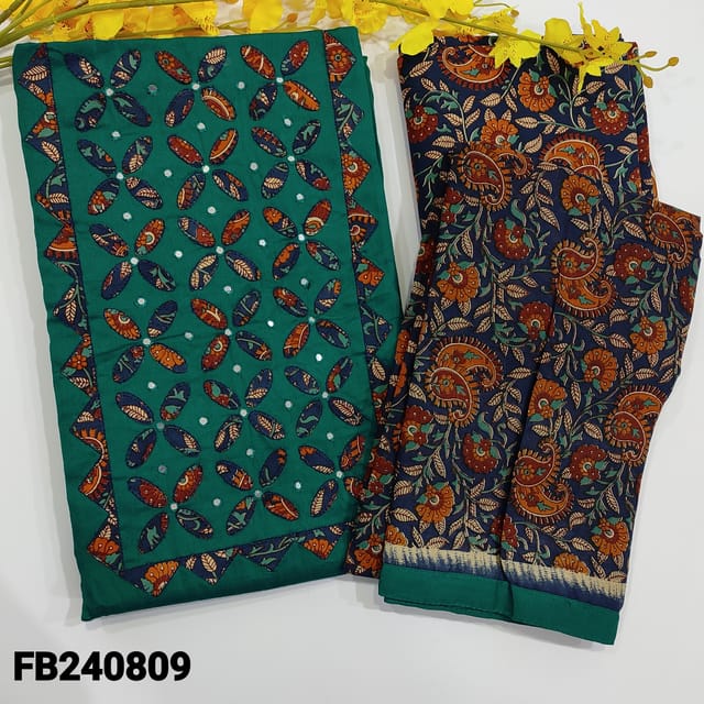 CODE FB240809 : Turquoise green and navy blue premium cotton unstitched salwar material,applique and faux mirror work on yoke,printed pure cotton bottom,printed pure mul cotton dupatta with tapings.