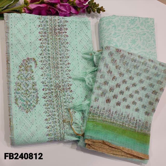 CODE FB240812 : Pastel blue cotton panel chikankari and hand block printed unstitched salwar material(lining needed)printed cotton bottom,pure kota block printed dupatta with borders.