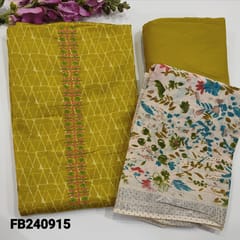 CODE FB240915 : Mehandi yellow printed satin cotton unstitched salwar material,embroidery on yoke(lining optional,soft)maching spun cotton bottom,multicolor printed linen cotton dupatta with silver tissue borders.