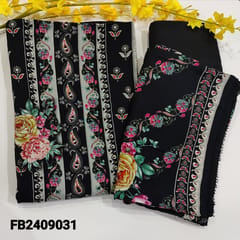 CODE FB2409031 : Black Pure muslin silk panel-like unstitched salwar material(thin,silky,lining needed)applique & real mirror on yoke,printed all over,matching santoon bottom,floral printed short width muslin silk dupatta,