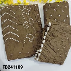 CODE FB241109 : Light brown pure cotton unstitched salwar material, original bandhani work all over (lining needed)matching original bandhini pure cotton bottom,bandhani dupatta with cut work edges(design may vary slightly).