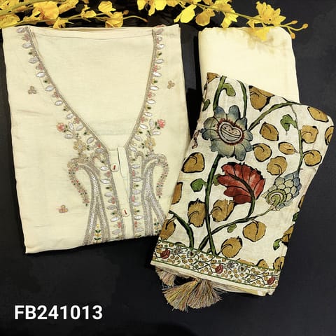 CODE FB241113 : Designer light beige pure dola silk unstitched salwar material,V neck with thread,gota patch and zari work & on front,printed patch at back(thin,lining needed)matching santoon bottom,printed pure gajji silk dupatta with tissue pallu.