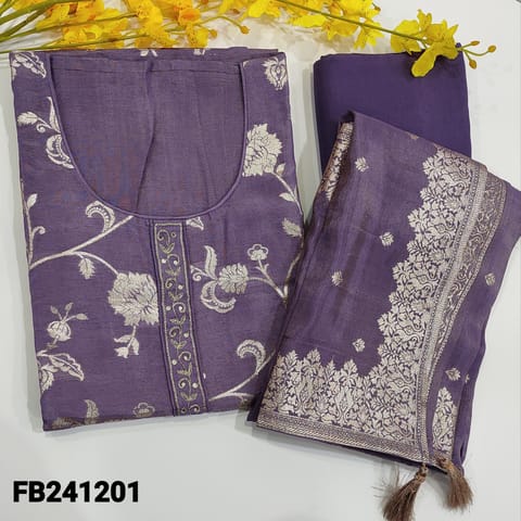 CODE FB241201 : Designer purple pure tissue organza silk unstitched salwar material,zari woven floral pattern all over(lining needed,shiny,silky)rich daman,simple yoke,matching santoon bottom,dupatta with antique gold zari buttas and borders.